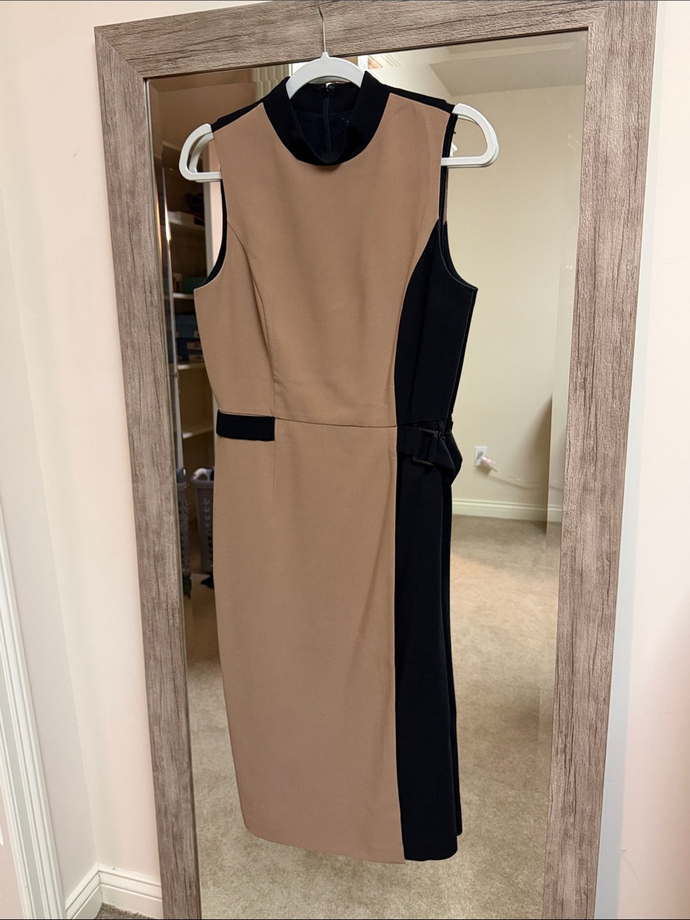 White House Black Market Black and Tan Colorblock Sleeveless Midi Dress